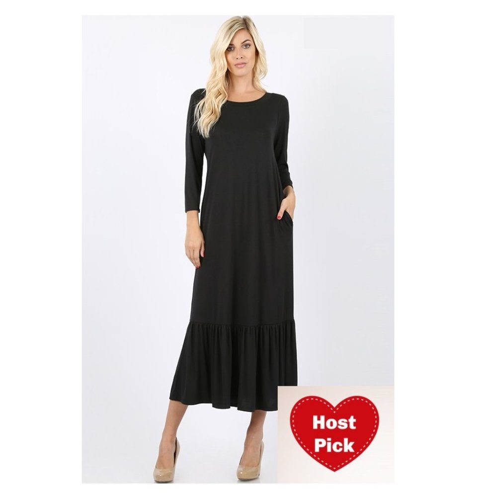 Black Maxi Dress 3/4 Sleeve - Tiered - Pockets - Relaxed - Loose fitting Maxi